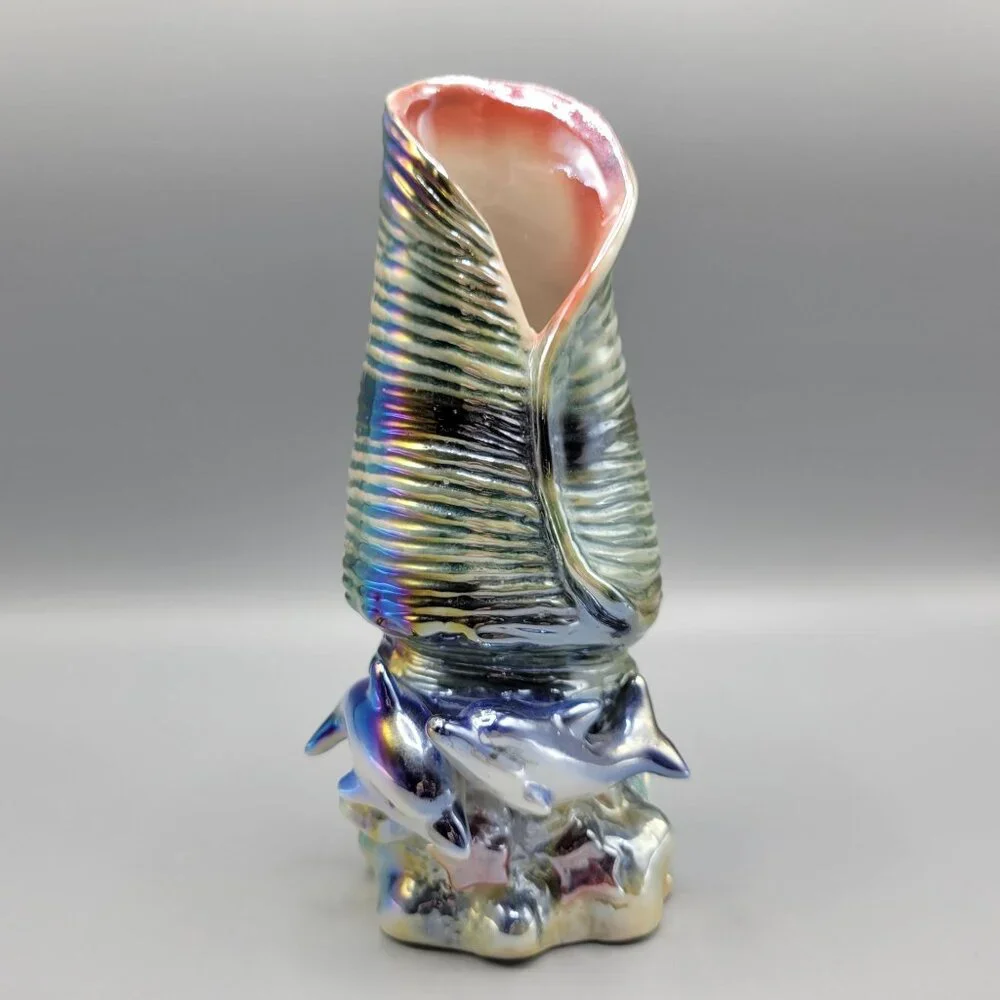 Vintage Iridescent Ceramic Vase Shell Shape Ocean Inspired Design 7.5